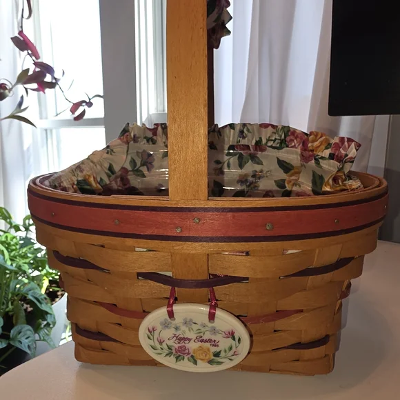 Longaberger Floral-Lined Woven Wood Basket with Pink Trim 1995 Easter Basket - Picture 2 of 10